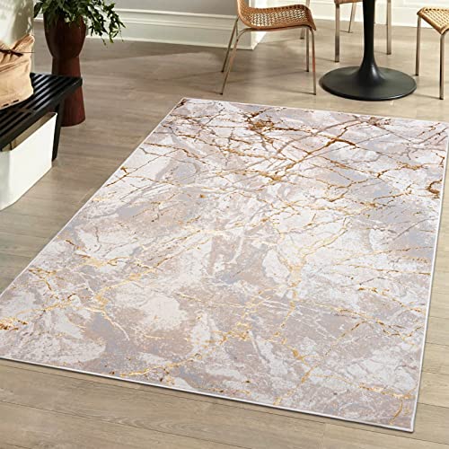 Mazovia Modern Teppich Wohnzimmer, Kurzflor elegant glänzender - Abstrakt Marmor Design - Wohnzimmerteppich in Beige Creme mit Gold 80 x 150 cm von Mazovia