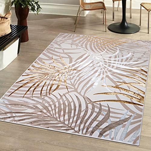 Mazovia Modern Teppich Wohnzimmer, Kurzflor elegant glänzender - Palmenzweige Feder - Wohnzimmerteppich in Beige Creme mit Gold 120 x 170 cm von Mazovia