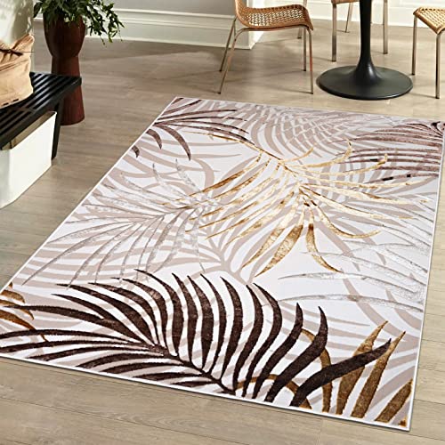 Mazovia Modern Teppich Wohnzimmer, Kurzflor elegant glänzender - Palmenzweige Feder - Wohnzimmerteppich in Beige Creme mit Gold 80 x 150 cm von Mazovia