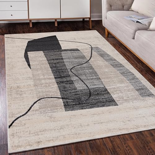 Mazovia Modern Teppich mit geometrischem Muster - Kurzflor - Minimalistisch Design - Weich Teppich für Wohnzimmer - ÖKO-TEX Wohnzimmerteppich - Grau Beige 80 x 150 cm von Mazovia