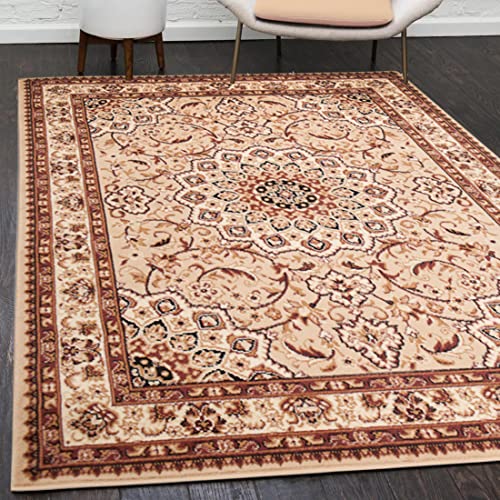 Mazovia Orientalisch Vintage Teppich - Kurzflor - Muster mit Medaillon - Traditioneller Teppich für Wohnzimmer, Esszimmer - ÖKO-TEX Wohnzimmerteppich - Beige 130 x 190 cm von Mazovia