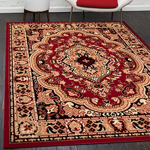 Mazovia Orientalisch Vintage Teppich - Kurzflor - Muster mit Medaillon - Traditioneller Teppich für Wohnzimmer, Esszimmer - ÖKO-TEX Wohnzimmerteppich - Rot 130 x 190 cm von Mazovia