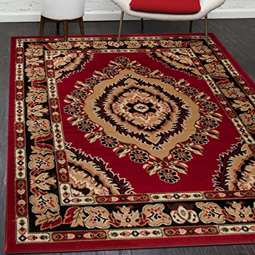 Mazovia Orientalisch Vintage Teppich - Kurzflor - Muster mit Medaillon - Traditioneller Teppich für Wohnzimmer, Esszimmer - ÖKO-TEX Wohnzimmerteppich - Rot 130 x 190 cm von Mazovia