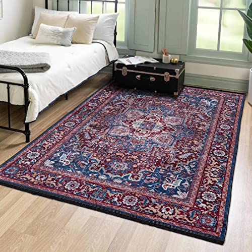 Mazovia Orientalisch Vintage Teppich - Kurzflor Waschbar - Weich Traditioneller Teppich für Wohnzimmer, Schlafzimmer, Esszimmer – Oriental Teppiche - Rot Blau 80 x 150 cm von Mazovia