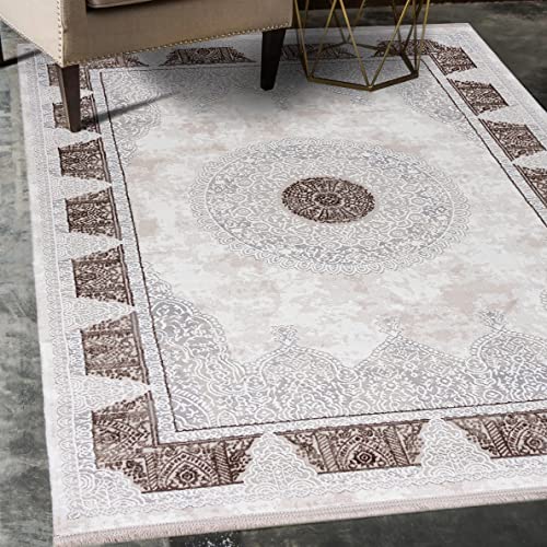 Mazovia Orientalisch Vintage Teppich - Kurzflor - Weich Traditioneller Teppich für Wohnzimmer, Schlafzimmer, Esszimmer - ÖKO-TEX Wohnzimmerteppich - Teppiche mit Fransen Beige 140 x 200 cm von Mazovia