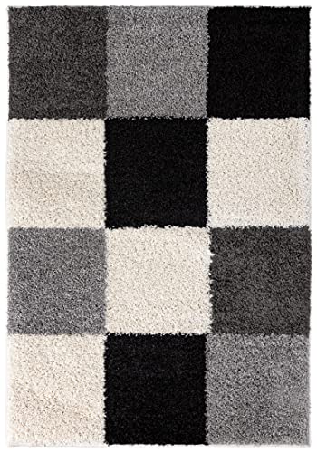Mazovia Shaggy Hochflor Teppich - Modern Wohnzimmerteppich - Flauschiger Kuschelteppich - Weich Langflor Teppich für Schlafzimmer - Karo Muster - Schwarz Weiss 160 x 220 cm von Mazovia