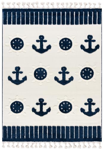 Mazovia Teppich Beige Kinder Anker, Maritim - Wohnzimmer, Schlafzimmer, Esszimmer, Büro - Mittelhaarig Rechteckig Oeko-TEX® Zertifikat Weich - Marineblau Cremig - 160 x 230 cm von Mazovia