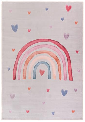 Mazovia Teppich Beige Kinder Herzen,Regenbogen - Kinderzimmer - Kurzflor Rechteckig Oeko-TEX® Zertifikat Bunte - Creme - 140 x 200 cm von Mazovia