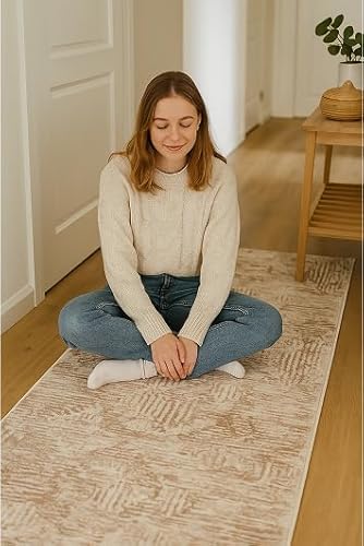 Mazovia Teppich Läufer Beige Geometrisch - Wohnzimmer, Schlafzimmer, Esszimmer, Büro, Küche – Weicher Läufer, Kurzer Flor – Fußbodenheizung, Abstrakt - Beige, Weiß - 100 x 950 cm von Mazovia