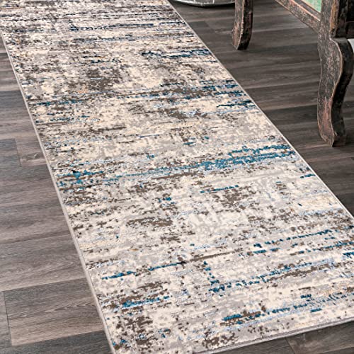 Mazovia Teppich Läufer Flur - Modern Teppichläufer – Kurzflor, Weich - für Vorzimmer Eingangsbereich Schlafzimmer Küche Korridor - Abstrakt Muster 100 cm Breite - Beige Blau Grau 100 x 150 cm von Mazovia