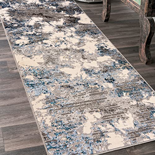 Mazovia Teppich Läufer Flur - Modern Teppichläufer – Kurzflor, Weich - für Vorzimmer Eingangsbereich Schlafzimmer Küche Korridor - Abstrakt Muster 100 cm Breite - Beige Blau Grau 100 x 250 cm von Mazovia