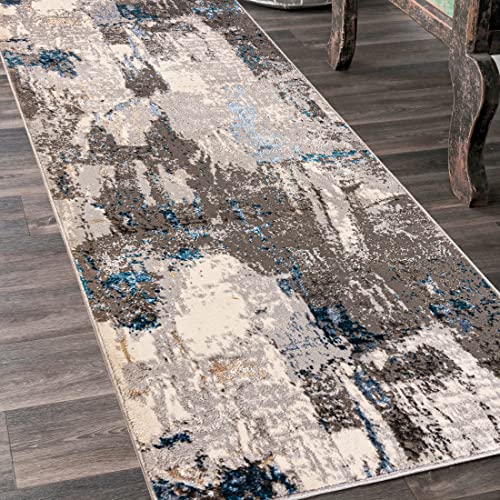 Mazovia Teppich Läufer Flur - Modern Teppichläufer – Kurzflor, Weich - für Vorzimmer Eingangsbereich Schlafzimmer Küche Korridor - Abstrakt Muster 100 cm Breite - Beige Blau Grau 100 x 300 cm von Mazovia