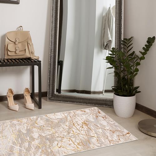 Mazovia Teppich Läufer Flur - Modern Teppichläufer – Kurzflor, Weich - für Vorzimmer Eingangsbereich Schlafzimmer Küche Korridor - Abstrakt Muster 100 cm Breite - Beige Creme mit Gold 100 x 425 cm von Mazovia