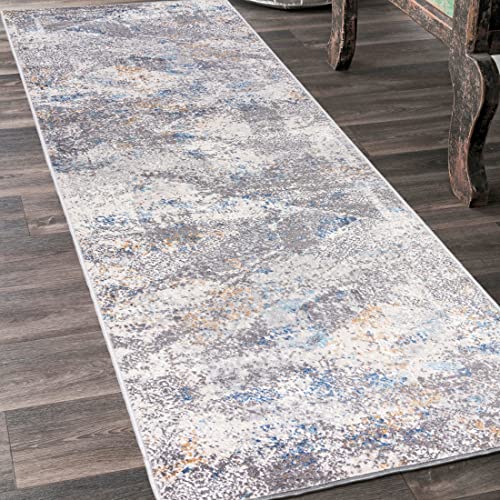 Mazovia Teppich Läufer Flur - Modern Teppichläufer – Kurzflor, Weich - für Vorzimmer Eingangsbereich Schlafzimmer Küche Korridor - Abstrakt Muster - 70 cm Breite Grau Blau 2 70 x 100 cm von Mazovia