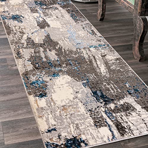 Mazovia Teppich Läufer Flur - Modern Teppichläufer – Kurzflor, Weich - für Vorzimmer Eingangsbereich Schlafzimmer Küche Korridor - Abstrakt Muster 80 cm Breite - Beige Blau Grau 80 x 325 cm von Mazovia