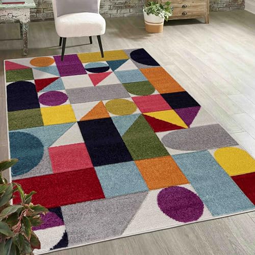 Mazovia Modern Geometrischer Teppich - Kurzflor, Bunt, Weich für Wohnzimmer, Schlafzimmer, Esszimmer - ÖKO-TEX Zertifiziert - Bunte Geometrische Muster 120 x 170 cm - Creme von Mazovia