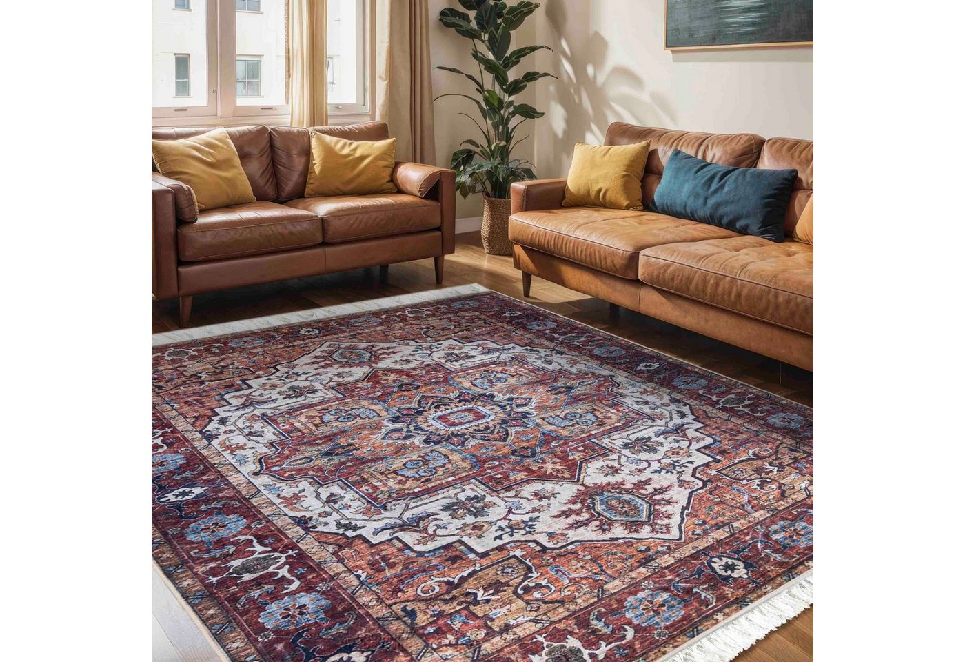 Orientteppich Teppich Oriental Rund Orientteppich Wohnzimmer Rot Braun, Mazovia, 120 x 120 cm, Fußbodenheizung, Allergiker geeignet, Rutschfest von Mazovia