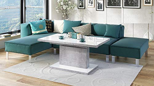 Design Couchtisch Tisch Aston Weiß Hochglanz/Beton Betonoptik stufenlos höhenverstellbar ausziehbar 120 bis 200cm Esstisch von Mazzoni