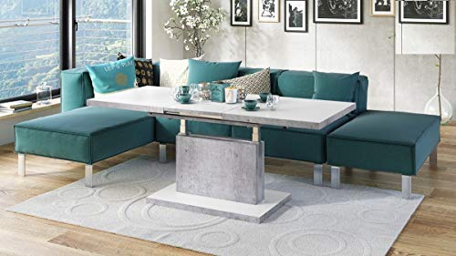 Design Couchtisch Tisch Aston Weiß Matt/Beton Betonoptik stufenlos höhenverstellbar ausziehbar 120 bis 200cm Esstisch von Mazzoni