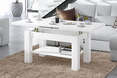 Design Couchtisch Tisch Astoria Weiß Hochglanz stufenlos höhenverstellbar 59,5-71,5cm ausziehbar 110-150cm mit Ablagefläche Esstisch von Mazzoni
