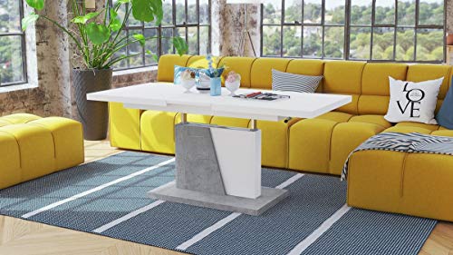 Design Couchtisch Tisch Grand Noir Weiß matt/Beton Betonoptik stufenlos höhenverstellbar ausziehbar 120 bis 180cm Esstisch von Mazzoni