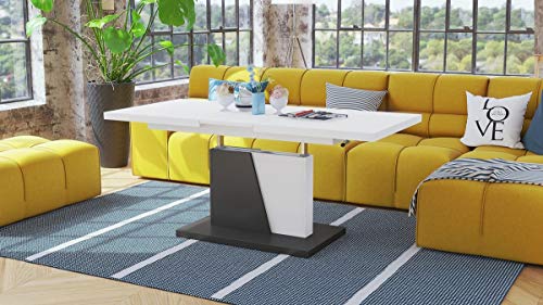 Design Couchtisch Tisch Grand Noir stufenlos höhenverstellbar ausziehbar 120 bis 180cm Esstisch (Weiß matt/Anthrazit matt) von Mazzoni