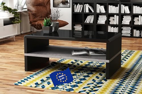 Design Couchtisch Tisch Rock Schwarz Hochglanz/Beton Betonoptik Wohnzimmertisch 100x60x43cm mit Ablagefläche von Mazzoni