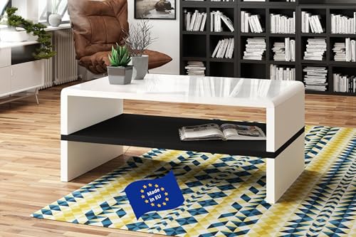 Design Couchtisch Tisch Rock Weiß Hochglanz/Schwarz matt Wohnzimmertisch 100x60x43cm mit Ablagefläche von Mazzoni
