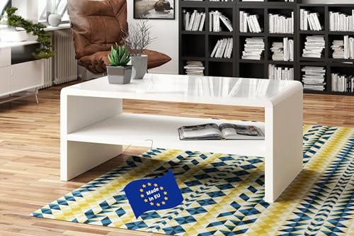 Design Couchtisch Tisch Rock Weiß Hochglanz/Weiß matt Wohnzimmertisch 100x60x43cm mit Ablagefläche von Mazzoni