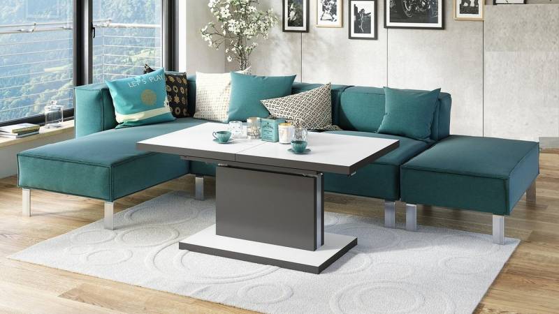 Mazzoni Couchtisch Aston Weiß-Anthrazit Grau matt höhenverstellbar ausziehbar 120 bis 200, Funktionstisch, Wohnzimmertisch, Tisch, Esstisch, Sofatisch von Mazzoni