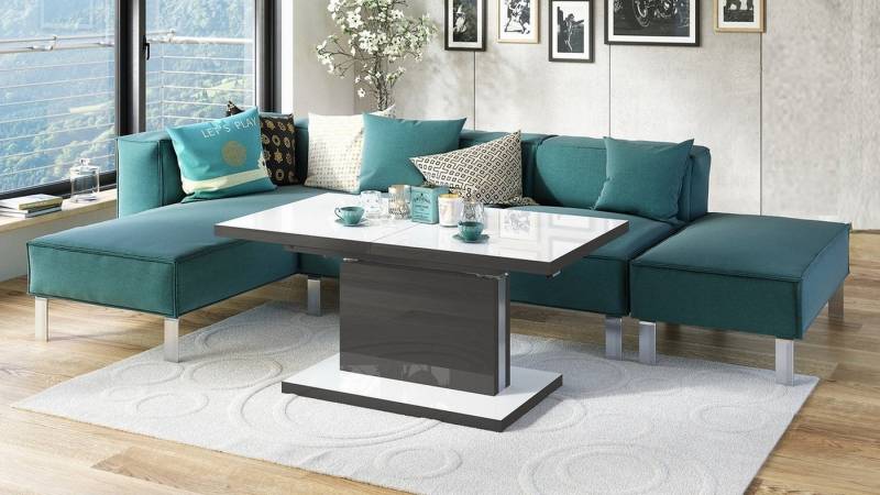 Mazzoni Couchtisch Aston Weiß-Anthrazit Hochglanz höhenverstellbar ausziehbar 120 bis 200, Funktionstisch, Wohnzimmertisch, Tisch, Esstisch, Sofatisch von Mazzoni