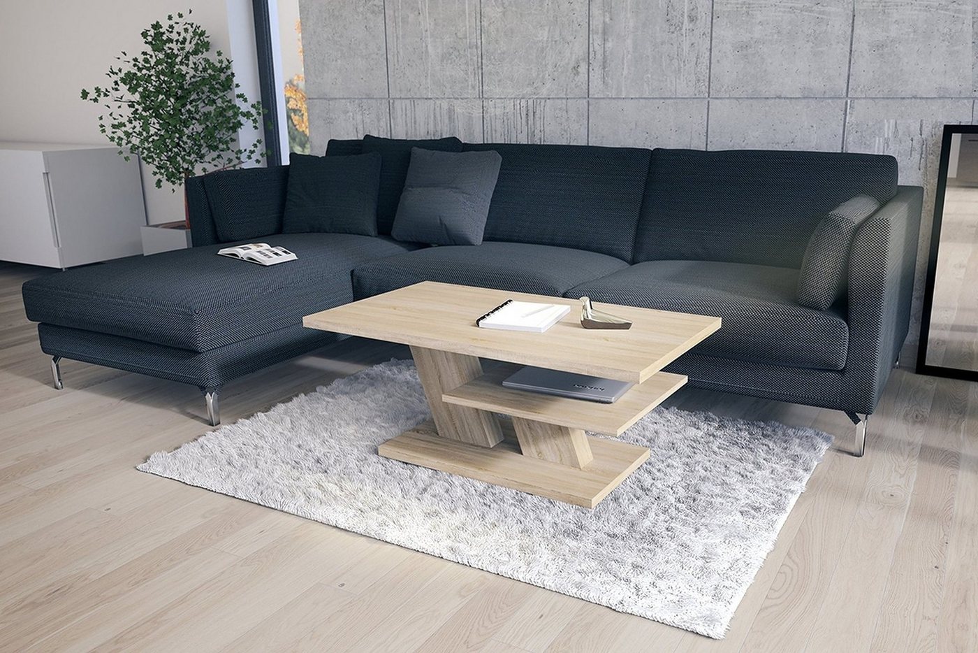 Mazzoni Couchtisch Cliff Sonoma Eiche Tisch Wohnzimmertisch 110x60x45cm mit Ablagefläche von Mazzoni