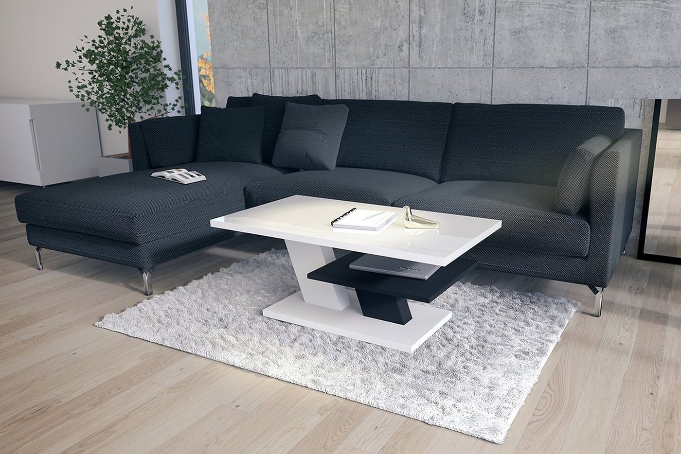 Mazzoni Couchtisch Cliff Weiß Hochglanz / Schwarz matt Wohnzimmertisch 110x60x45cm von Mazzoni