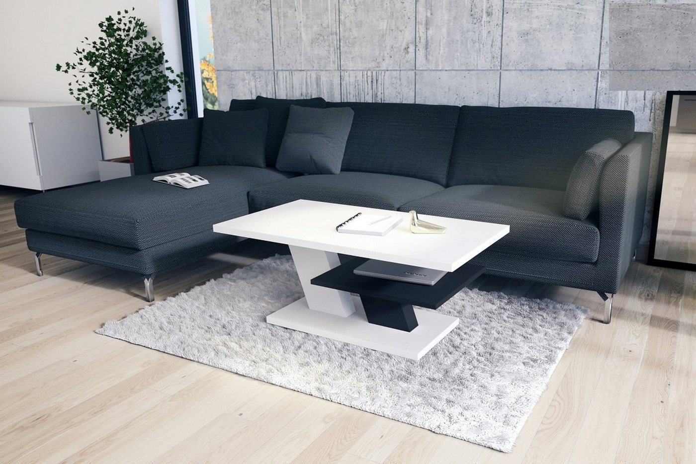 Mazzoni Couchtisch Cliff Weiß matt / Schwarz matt Tisch Wohnzimmertisch 110x60x45cm von Mazzoni