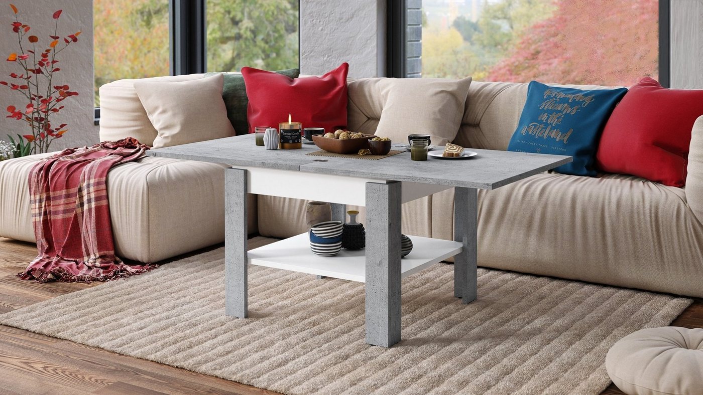 Mazzoni Couchtisch Design Tisch Leo Beton - Weiß matt aufklappbar 65 - 130cm Esstisch von Mazzoni