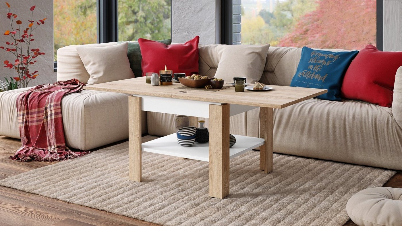 Mazzoni Couchtisch Design Tisch Leo Sonoma Eiche - Weiß matt aufklappbar 65 - 130cm von Mazzoni