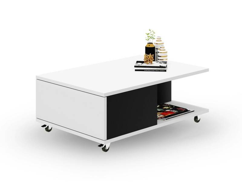 Mazzoni Couchtisch Vienna Weiß matt / Schwarz matt Wohnzimmertisch mit Rollen 90x60x38cm von Mazzoni
