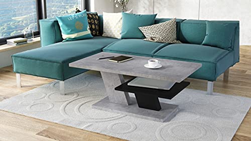 Mazzoni Design Couchtisch Tisch Cliff Wohnzimmertisch 110x60x45cm mit Ablagefläche (Betonoptik/Schwarz matt) von Mazzoni