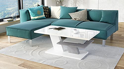 Mazzoni Design Couchtisch Tisch Cliff Wohnzimmertisch 110x60x45cm mit Ablagefläche (Weiß Hochglanz/Betonoptik) von Mazzoni