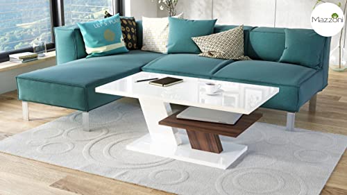 Mazzoni Design Couchtisch Tisch Cliff Wohnzimmertisch 110x60x45cm mit Ablagefläche (Weiß Hochglanz/Nussbaum) von Mazzoni