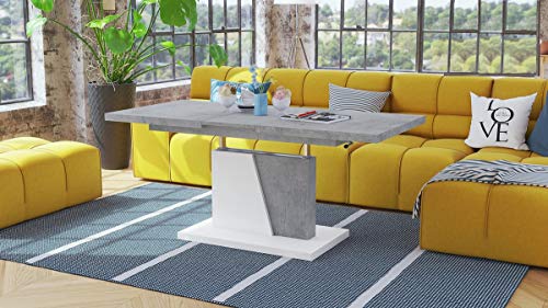 Mazzoni Design Couchtisch Tisch Grand Noir stufenlos höhenverstellbar ausziehbar 120 bis 180cm Esstisch (Betonoptik/Weiß matt) von Mazzoni