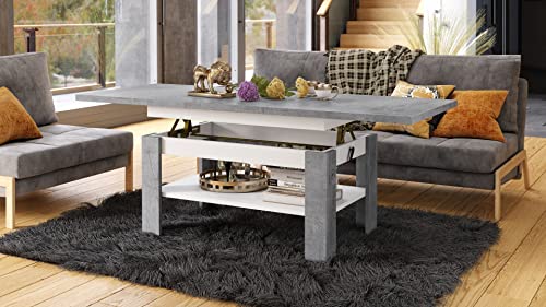 Mazzoni Design Couchtisch Tisch Rio stufenlos höhenverstellbar 55-67 cm ausziehbar 130-170cm mit Ablagefläche Esstisch, Farbe:Beton - Weiß matt von Mazzoni