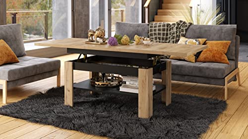 Mazzoni Design Couchtisch Tisch Rio stufenlos höhenverstellbar 55-67 cm ausziehbar 130-170cm mit Ablagefläche Esstisch, Farbe:Eiche Gold Craft - Schwarz matt von Mazzoni