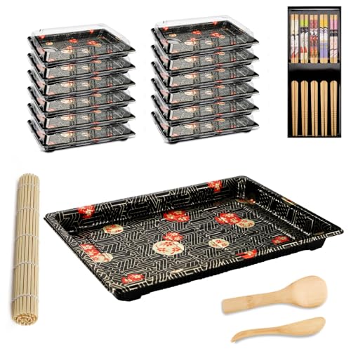 Mbsomnus 20 Stück Sushi Set- 12 Servierplatte mit Deckel Meal Prep Boxen Wiederverwendbare 1 Sushi Matte 5 Paar Essstäbchen 1 Reisstreuer und Paddel Food Container für Partyessen Buffets Nüsse Sushi von Mbsomnus