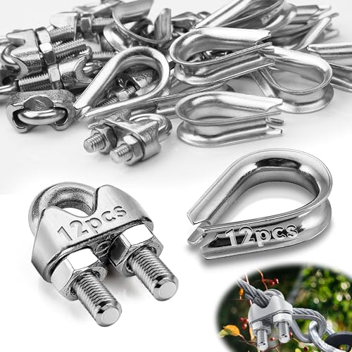 Mbsomnus 24 Stück Drahtseilklemme 4mm Set -12 Stk Seilklemmen M4 und 12 Stk Drahtseil Kauschen 4mm Edelstahl A4 DIN741 Bügelseilklemme Stahlseil Seilverbinder für Klemme Stahldraht Wäscheleine Markise von Mbsomnus
