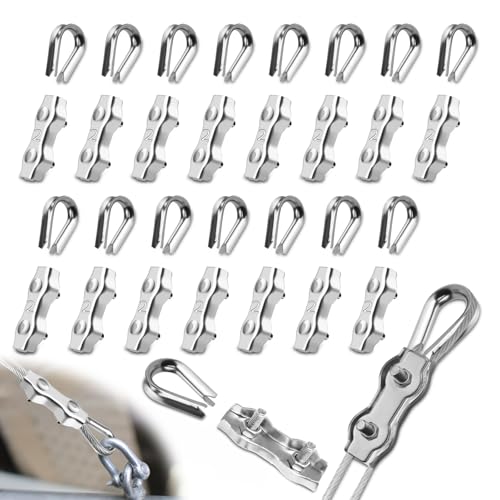 Mbsomnus 32 Stück Drahtseilklemme M2 Set mit 16 Stück Seilklemmen 2mm & 16 Stück Drahtseil Kauschen 2mm Edelstahl 304 Duplex Klemme Kabelklemmen für Stahlseil Wäscheleinenspanner Markise Fixiert von Mbsomnus