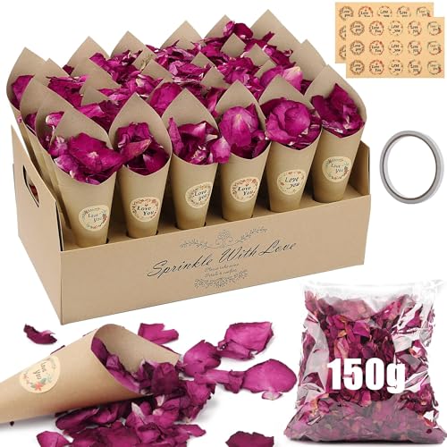 Mbsomnus Konfetti Hochzeit - 150g Natürliche Rosenblätter Getrocknet, 30 Kraftpapier Kegel & Halter, 30 Aufkleber Vintage, Blütenkonfetti für Tischdeko Geburtstag Party von Mbsomnus