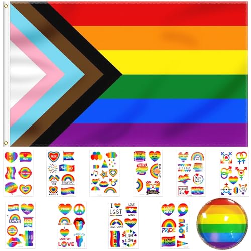 Mbsomnus Progress Pride Flag Set - 150x90cm Progress Pride Regenbogen Flag, 75 Stück Pride Sticker, Pride Pin - LGBT Flagge Regenbogen Pride Flagge für LGBTQ+ Party Parade Karneval Festival von Mbsomnus