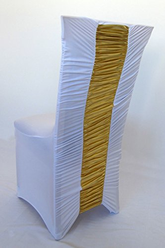 Mc-Stoff Stuhlhusse Stretch mit Raffung weiß Gold Stretchhusse Premium bügelfrei universell für gerade oder runde Stuhllehnen -für Handel deutsche Rechnung mit UST von Mc-Stoff
