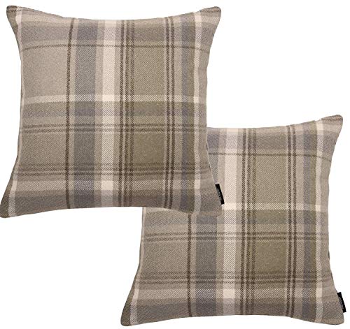 McAlister Textiles Heritage | 2er Pack Sofakissen mit Füllung im Karierten Tartan Muster | 43 x 43 cm in Beige Natur | Deko-Kissen im zeitlosen Karomuster für Ihr Heim von McAlister Textiles